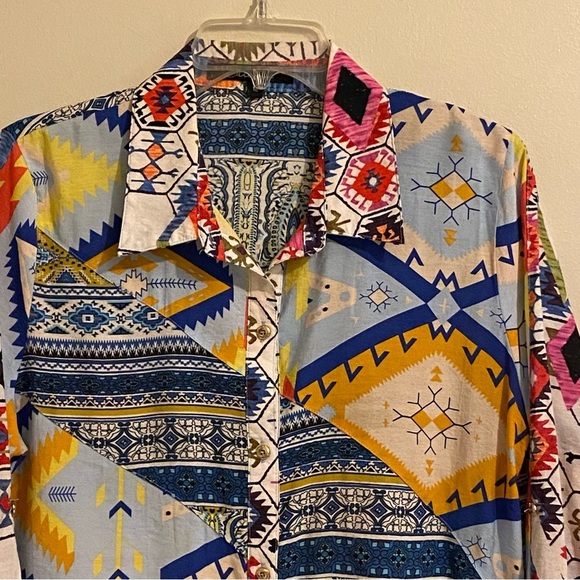 Caleoas Women’s M Tunic Top Shirt Mixed Pattern Button Up Pockets Boho - Picture 4 of 14